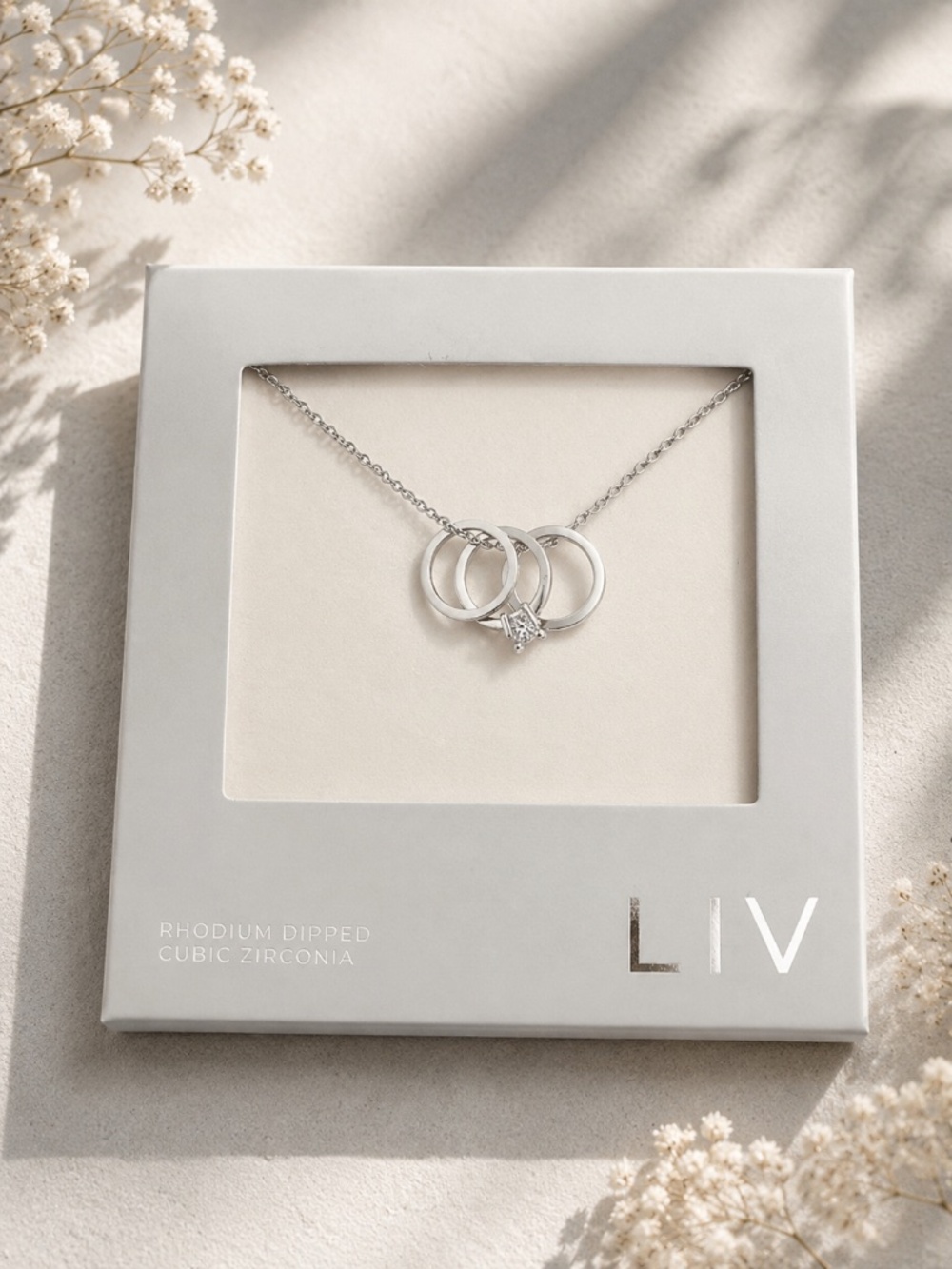 Interlocking Rings Necklace Rhodium Dipped CZ Silver Tone NWT